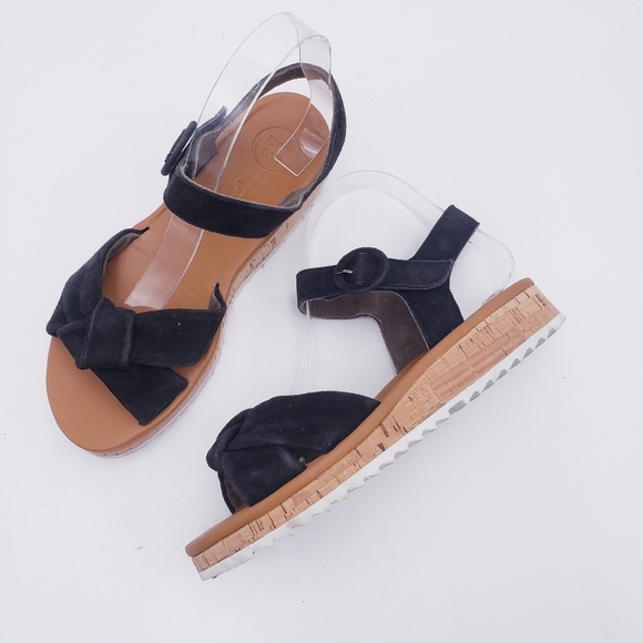 Paul Green Trento Sandal Black Leather Lug Cork Sole Knot Size 7.5 - Picture 1 of 12